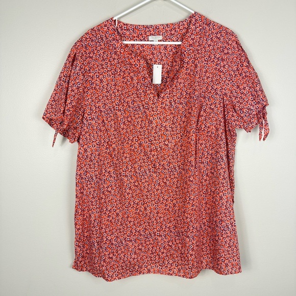 Talbots Top Womens 2X Short Sleeve Floral Blouse Orange Blue White Cotton Casual - Picture 1 of 8